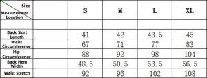 Tableau des tailles pour jupe femme avec mesures de taille, hanches et longueur