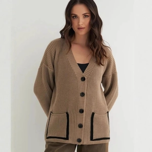 Loose V-neck knit cardigan for women with contrast pocket trim and black buttons