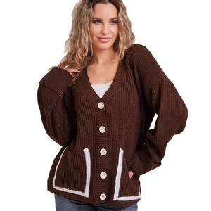 Dark brown V-neck knit cardigan with white buttons and contrast pockets in loose fit