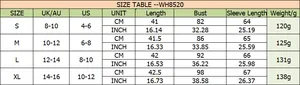 Detailed size guide table with measurements for long sleeve lace knit top in inches and cm
