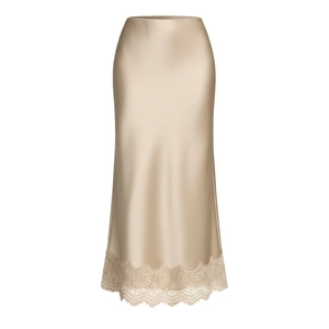 Vue détaillée d'une jupe en satin champagne avec ourlet en dentelle florale et texture soie