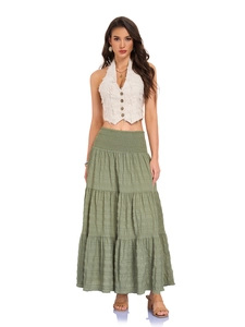 Detail of high-waist elastic smocked waist and multi-layer ruffle tiered maxi skirt