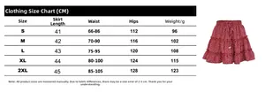 Size chart for high waist floral ruffle mini skirt with measurements in centimeters