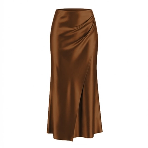 Detailed view of elegant caramel satin midi skirt with side drape and silk-like texture