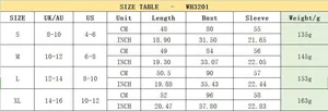 Detailed size chart for long sleeve crop top showing measurements in cm and inches