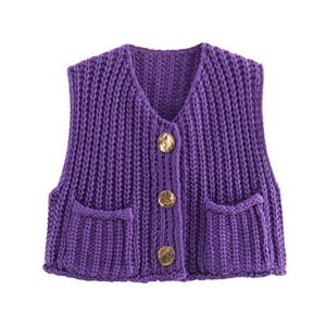 Women's V-neck chunky knit vest in purple with gold buttons and front pockets