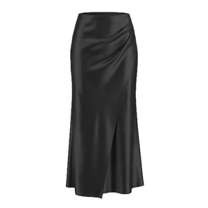 Detailed view of the elegant black satin midi skirt featuring side ruching and drape