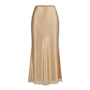 Détail d'une jupe longue en satin champagne avec taille haute et bordure en dentelle