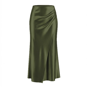 Detail of elegant olive green satin maxi skirt featuring draped pleats and silky texture
