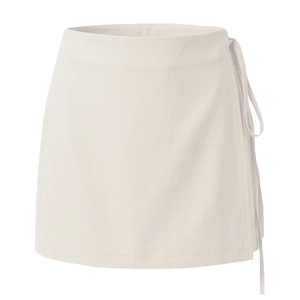 Detail of high-waist cream wrap skort showing twill texture and side tie-up closure