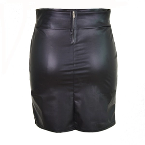 Matte black high-waisted PU leather mini skirt with back zipper closure and bodycon fit