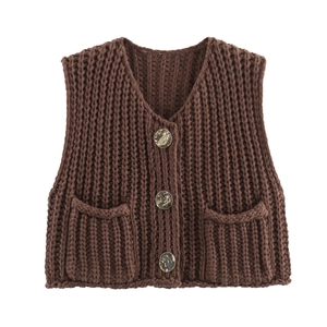 Coffee brown chunky knit V-neck vest featuring decorative pockets and silver buttons