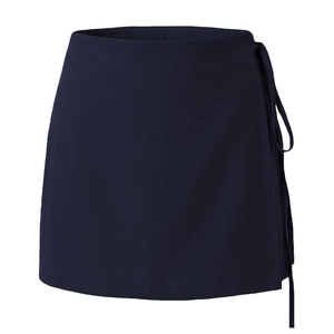Detail of navy blue wrap skirt with side tie fastener and premium stitched hemline