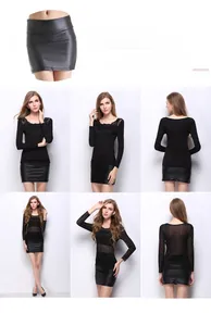Detail view of high waist matte black faux leather mini skirt with lace top outfit