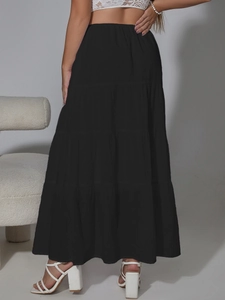 Gonna lunga nera a balze con vita alta elastica e coulisse regolabile per donna estate
