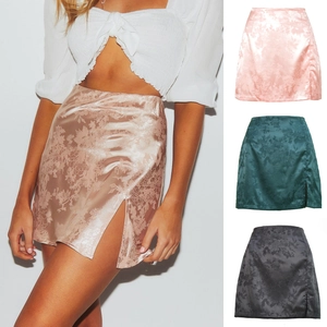 Mini-jupe en Satin Jacquard à Taille Haute Élégante pour Femmes Ligne A avec Fente Latérale Jupe Courte Jacquard Floral