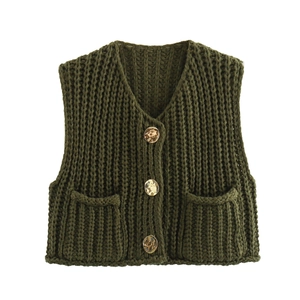 Olive green chunky knit v-neck vest with large amber buttons and two front pockets