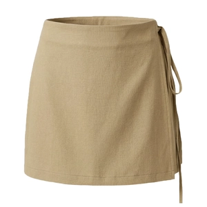 Detail view of khaki cotton-linen wrap skirt with adjustable side tie and natural texture