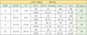 Tableau des tailles détaillé pour mini-jupe en satin taille haute, du S au XL
