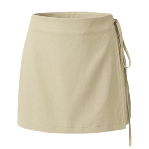 Detailed side view of khaki wrap skirt with tie waist and breathable cotton linen fabric