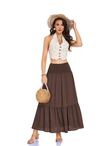 Detail of high waisted brown A-line maxi skirt with elastic smocked waist and side pockets