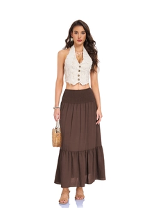 Close-up of high-waist elastic smocked skirt with cotton linen fabric and deep coffee tone