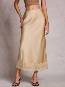 Jupe Midi en Satin Élégante pour Femmes Avec Ourlet en Dentelle Taille Haute Élastique Jupe Longue Moulante pour Mariage Fête Bureau