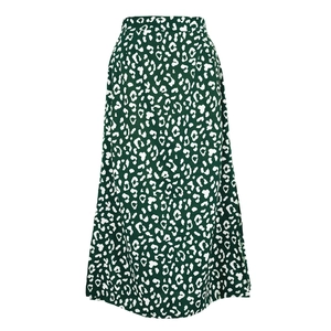 Dunkelgrüner Midirock mit Leopardenmuster, hoher Taille, A-Linie und seitlichem Schlitz