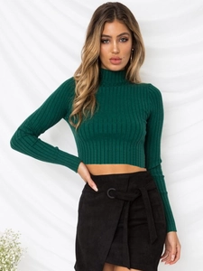 Detail of dark green ribbed knit crop top and black skirt with ring belt set