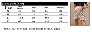 Size chart for high waist ruffle mini skirt showing length, waist, and hip measurements
