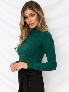 Detailed texture of dark green ribbed knit long sleeve top with half turtleneck
