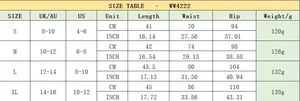 Size chart for high waist ruffle mini skirt showing S to XL measurements in CM and INCH