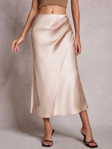 Women Elegant Satin Midi Skirt High Waist Draped Side Silky Pencil Skirt Solid Color Office Party Casual Fashion Bottoms