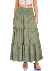 Women High Waist Smocked Tiered Maxi Skirt Elastic Waist Bohemian A-Line Long Skirt With Pockets Solid Color Casual Skirt