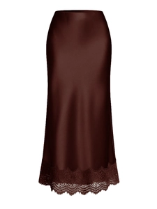 Jupe midi élégante en satin chocolat à taille haute avec bordure en dentelle délicate