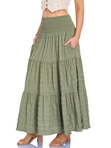 Olive green high waist tiered maxi skirt with smocked elastic waist and side pockets