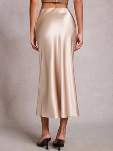 Elegant champagne satin midi skirt with pleated elastic waist and mermaid silhouette