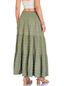 Grass green high-waisted tiered maxi skirt with smocked elastic waistband and side pockets