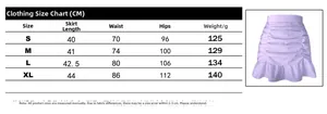Detailed size chart for high-waisted ruffled mini skirt showing measurements in centimeters