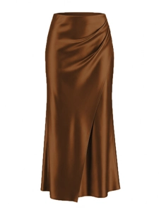 Elegant high-waisted dark brown satin maxi skirt with draped side pleats and silky finish