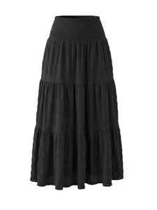 Women's black tiered maxi skirt with high elastic waist and textured fabric layers