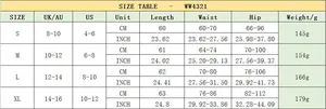 Detailed size chart for the ruched drawstring skirt showing measurements for S to XL