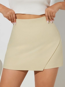 Women Asymmetric High Waist Skort Solid Color Polyester Suit Fabric Wrap Mini Skirt Shorts For Casual Office Commute Wear