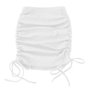 Close-up of white ruched mini skirt with adjustable side drawstrings and elastic waist