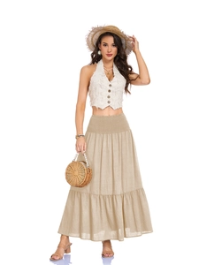 Women's khaki tiered maxi skirt with high elastic waist and practical side pockets