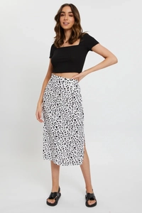 Modischer Damen Midi-Rock mit Leopardenmuster, hoher Taille, Seitenschlitz und schwarzem Top