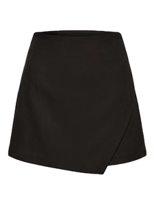Chic black high-waisted asymmetrical wrap mini skirt with minimalist solid color design