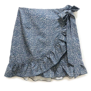 Navy blue floral high-waisted wrap skirt with ruffle hem and side tie details