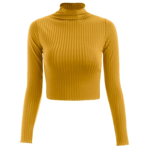 Detail showing mustard yellow ribbed knit fabric texture and high neck crop top stitching