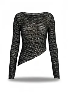 Women's black hollow long sleeve knit top with crew neck and asymmetric hem detail